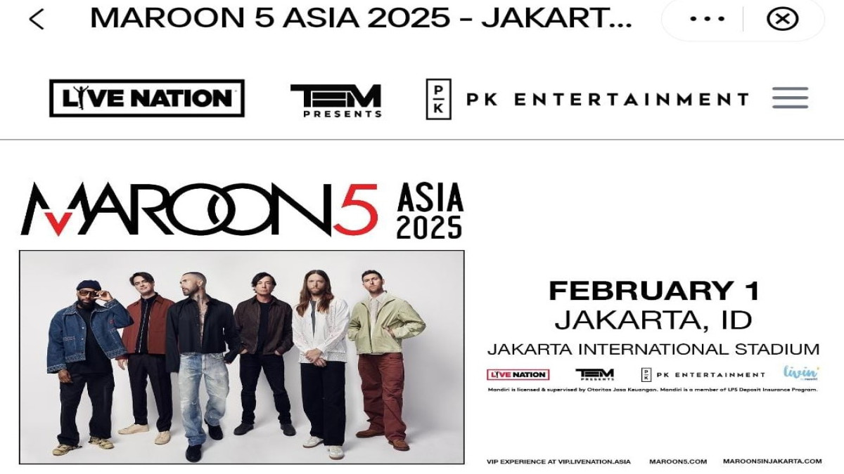 Pre-sale Tiket Konser Maroon 5 via Livin' by Mandiri Dibuka Hari ini Pukul 10.00 WIB, Jangan Sampe Lupa!