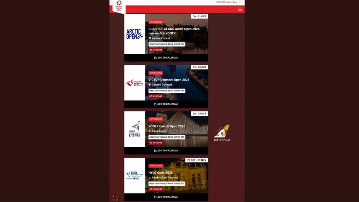 Daftar 27 Turnamen BWF Oktober 2026, Ada Tur Eropa Leg Kedua