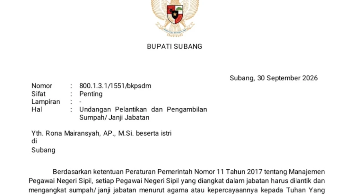 Beredar Surat Disebut-sebut Sebagai Undangan Pelantikan Sekda Subang untuk Rona Mairansyah Besok