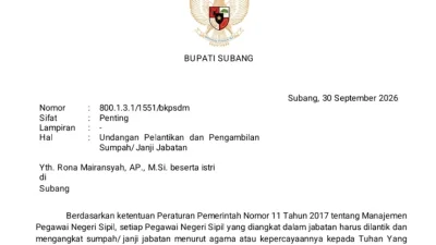 Beredar Surat Disebut-sebut Sebagai Undangan Pelantikan Sekda Subang untuk Rona Mairansyah Besok