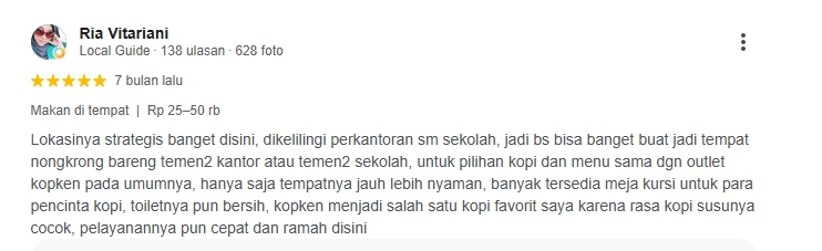 Ulasan pelanggan Kopi Kenangan Letjen Suprapto Ulasan pelanggan tentang Kopi Kenangan Letjen Suprapto