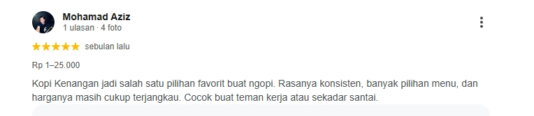 Ulasan pelanggan Kopi Kenangan Letjen Suprapto Ulasan pelanggan tentang Kopi Kenangan Letjen Suprapto