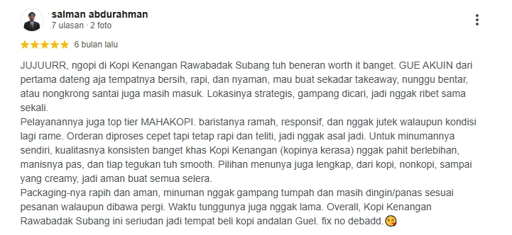 Ulasan pengguna Kopi Kenangan SPBU Rawa Badak Subang Ulasan pengguna tentang Kopi Kenangan SPBU Rawa Badak Subang