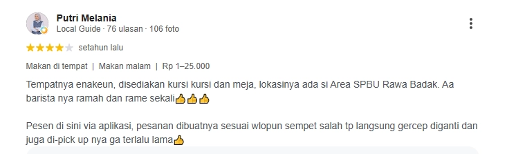 Ulasan pengguna Kopi Kenangan SPBU Rawa Badak Subang Ulasan pengguna tentang Kopi Kenangan SPBU Rawa Badak Subang