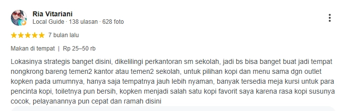 Ulasan pelanggan Kopi Kenangan Letjen Suprapto Subang Ulasan pelanggan untuk Kopi Kenangan Letjen Suprapto Subang