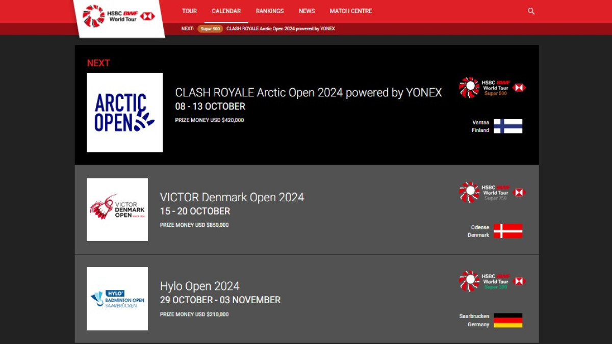 Jadwal Turnamen BWF Oktober 2024. (Sumber Gambar: Screenshot via BWF)