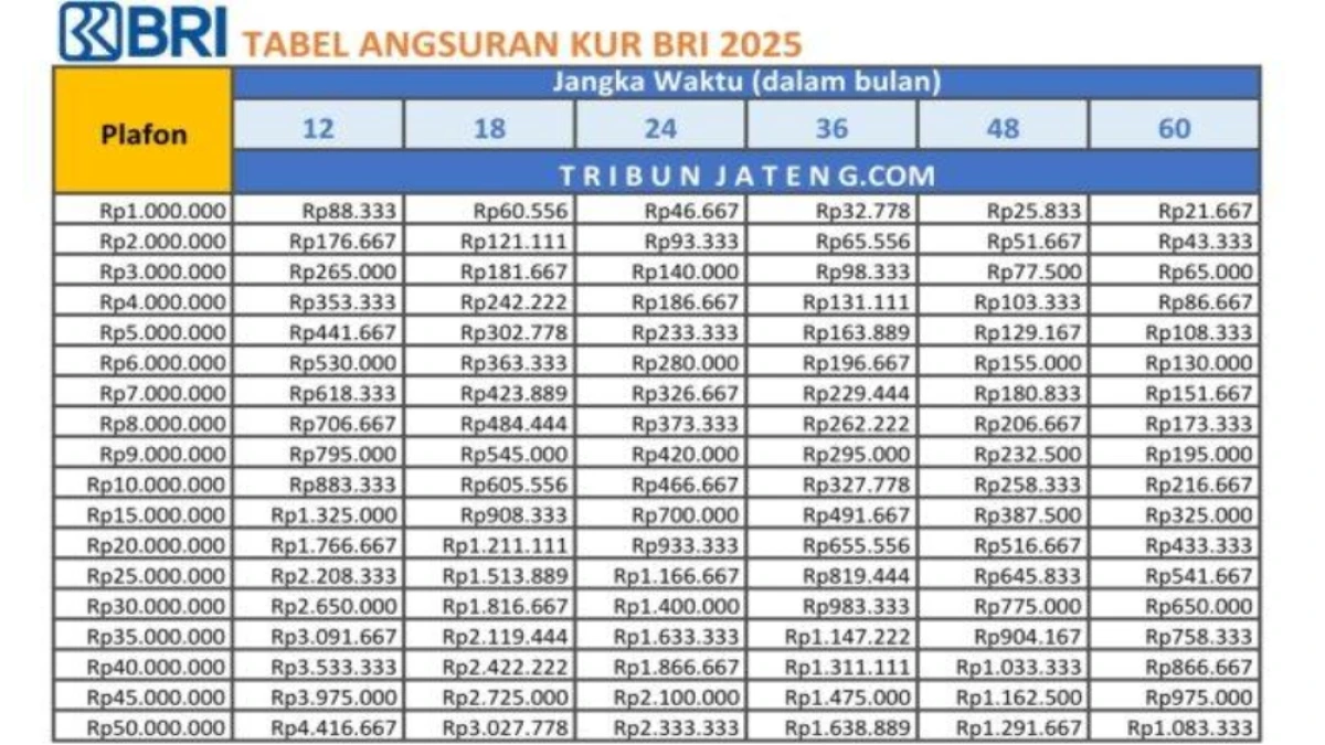 Tabel Pinjaman KUR BRI Tahun 2025, Lengkap dengan Persyaratannya