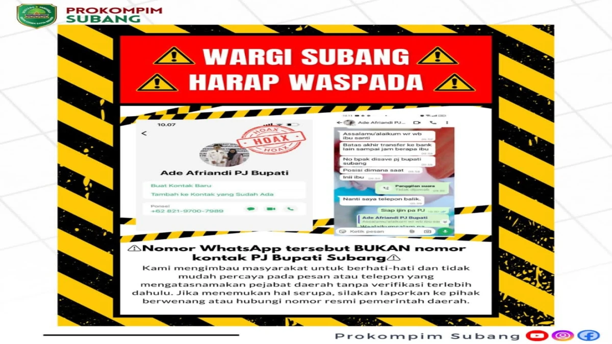 Waspada Modus Penipuan! Akun WhatsApp Mengatasnamakan Pj Bupati Subang (Sumber Foto @Prokompim subang)