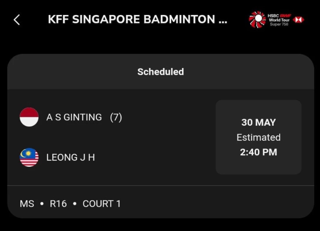 Jadwal Wakil Indonesia di Babak Kedua Singapore Open 2024. (Sumber Gambar: Screenshot via badminton4u Apps)