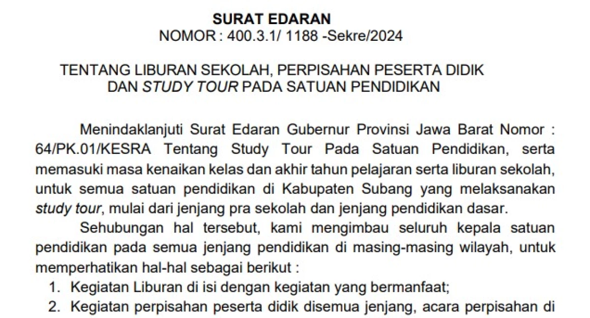 Berikut Aturan Libur Sekolah, Perpisahan dan Study tour di Subang